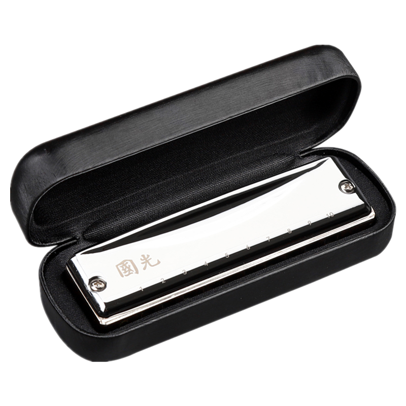 Guoguang Ten-Hole National Dream 10-Hole Blues Professional Performance C-Key Imported Harmonica, Mirror Silver Finish