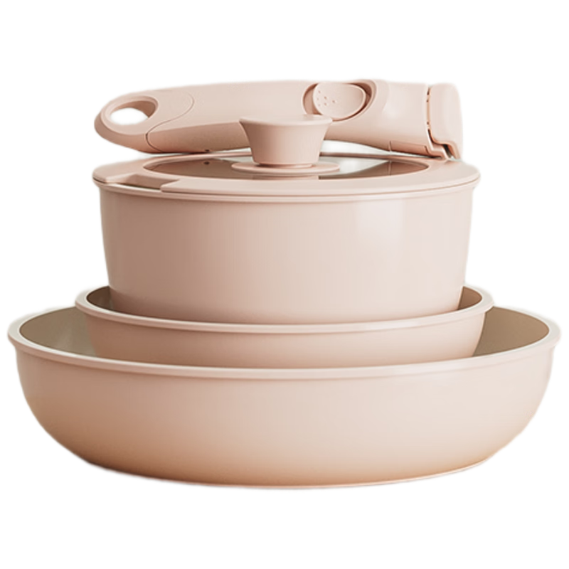 REDCHEF Detachable Handle Cookware Set, Ceramic Non-Stick Stackable Pot, Frying Pan, Wok, Flat Bottom Pan, Soup And Milk Pot, Pink