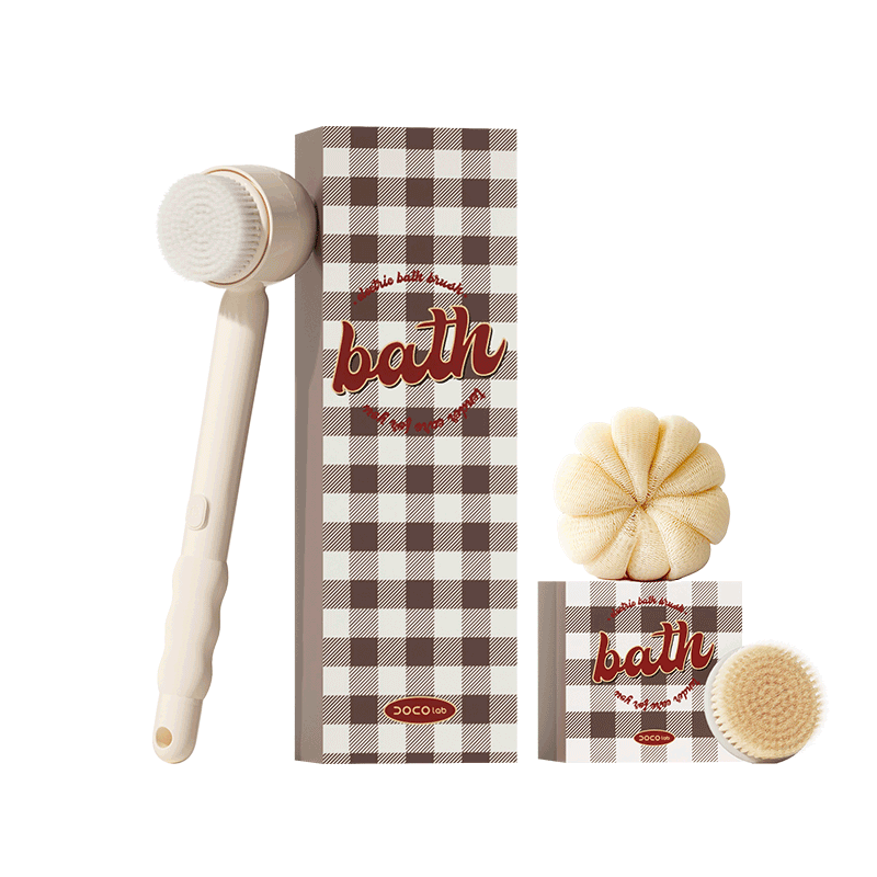 DOCO LAB Electric Bath Brush, Multi-Functional Shower Brush, Massage Brush, Soft Bristles, Long Handle, Back Scrubber, Waterproof, Exfoliating Tool, Automatic Back Scrubber, 3 Brush Heads