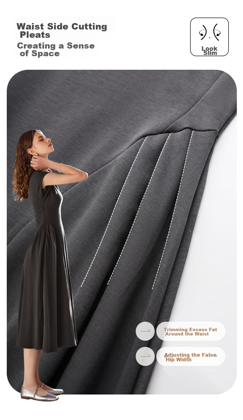 Olrain French-Style Elegant V-Neck Dark Gray Dress for Women, Summer Waist-Cinching A-Line Hem Audrey Hepburn Style, Dark Gray, Size L 9
