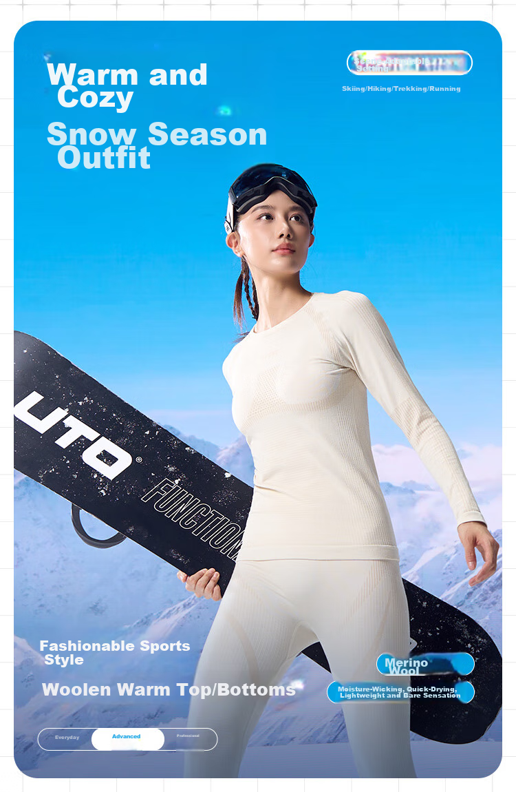 UTO Merino Wool Quick-Dry Top for Women, Outdoor Skiing Sports Daily Warm Underwear, Black-Gray Color, Size M 2