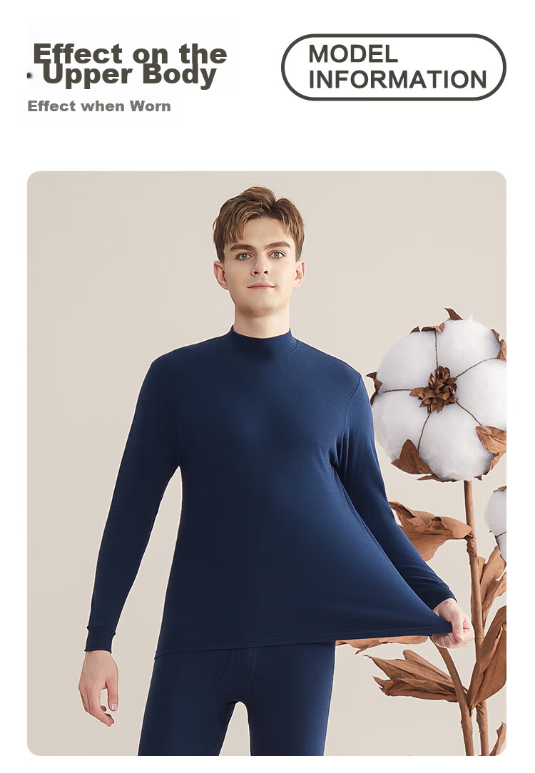Hodo Men's Pure Cotton Thermal Underwear Set for Autumn, Semi-Turtleneck Base Layer for Middle-Aged And Elderly Men, Navy Blue, Size 185/110 18