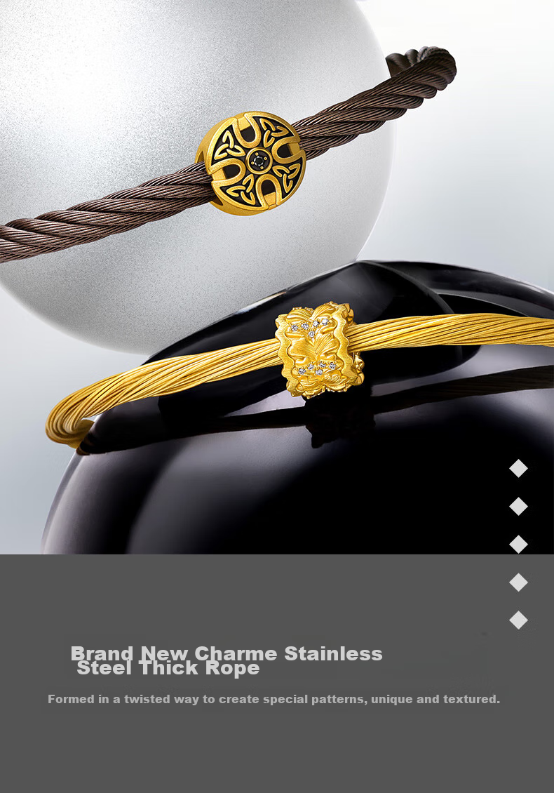 CHOW SANG SANG [Cousu] Chestnut Brown Bracelet, CharmeXL Beaded Cord, 5mm Thick Stainless Steel Cord, CC19 2