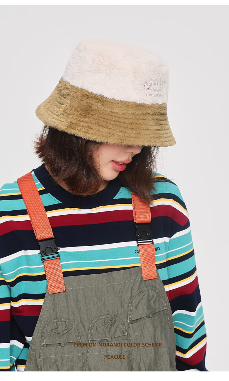 CACUSS Women's Winter Warm Fisherman Hat, Large Head Circumference, Face-Slimming Bucket Hat, Retro Plaid Teddy Fleece Hat, Coffee Color 14