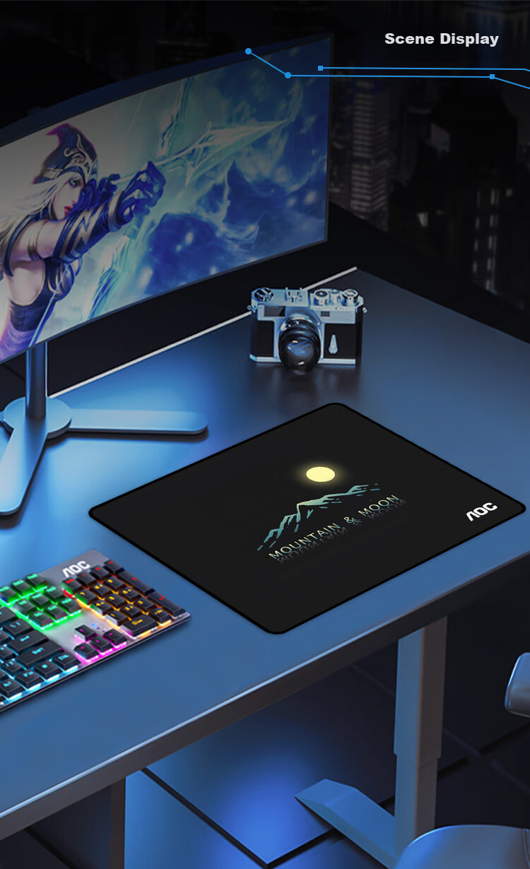 AOC Gaming And Office Mouse Pad Medium And Small Size 300*250*3mm for Office Keyboard Computer Desk Pad M101/93 Mountain And Moon Black 7