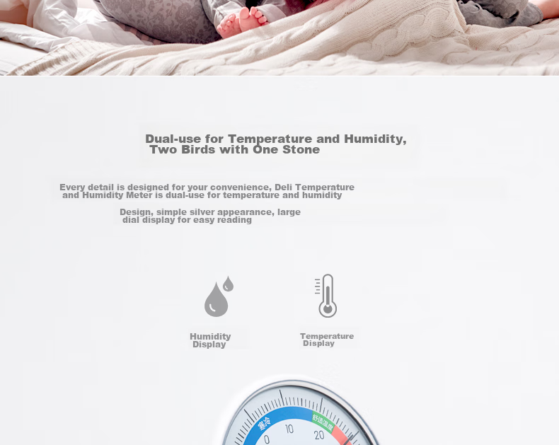 Deli Indoor Temperature And Humidity Meter Baby Elderly Children Gift Birthday Present, Wall-Mounted And Table-Use Dual-Function Home Use Battery-Free Large Dial Office Supplies Blue LE552 6