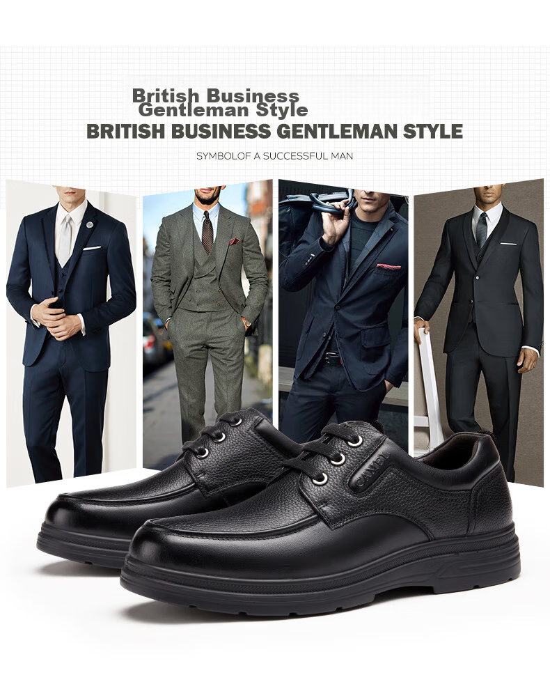 CAMEL Leather Lace-Up Middle-Aged Dad Shoes, Height-Increasing Classic Business Casual Leather Shoes for Men, G15A211067, Black, Size 38 3