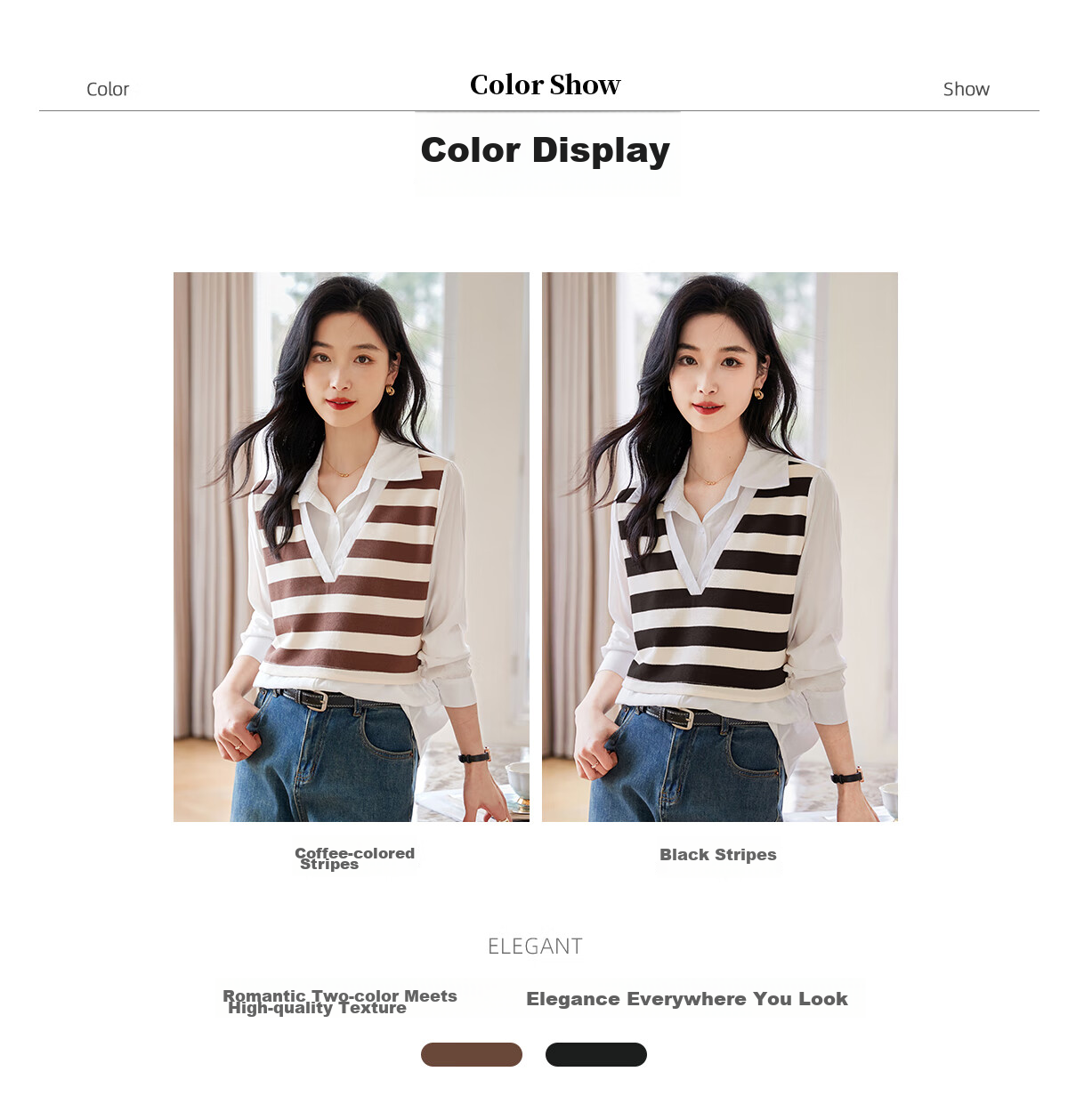 Chushen Thin Long-Sleeve Blouse for Women, Stylish Faux Two-Piece Striped Casual Shirt Top S13QC2942 9