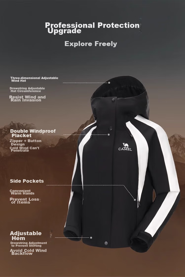 CAMEL Women's Three-In Waterproof Jacket, Color Block Short Coat, New Style, Petite Travel Hiking Clothing 8