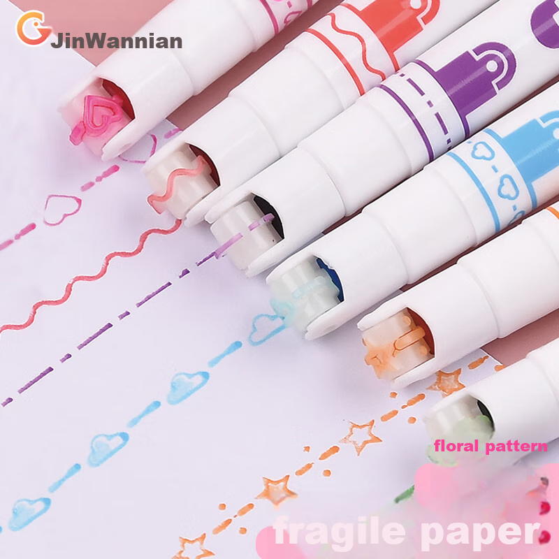 Genvana 6-Color Floral Pattern Outline Pen, Curved Pen, Highlighter, Embossing Pen, Marker Pen for Students, Decorative Edging for Handwritten Reports, Colored Journal Decoration Pen G-0546
