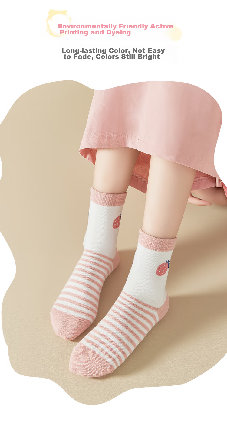 LangSha Children's Socks, Girls' Mid-Calf Cotton Socks for All Seasons, High-Elastic Comfortable Casual Sports Socks for Older Girls, 5 Pairs Per Pack 10