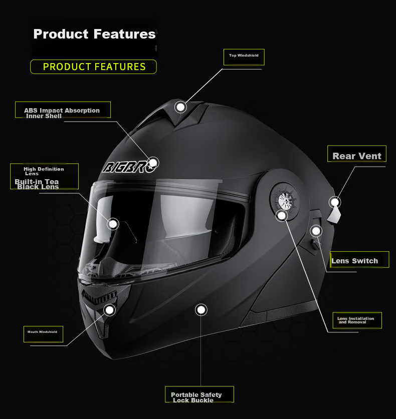 BIGBRO KY-268 Dual-Lens Electric Scooter Helmet, 3C Certified Flip-Up Helmet, Unisex for All Seasons, Lightweight And Breathable, Glossy Black, One Size Fits All 12