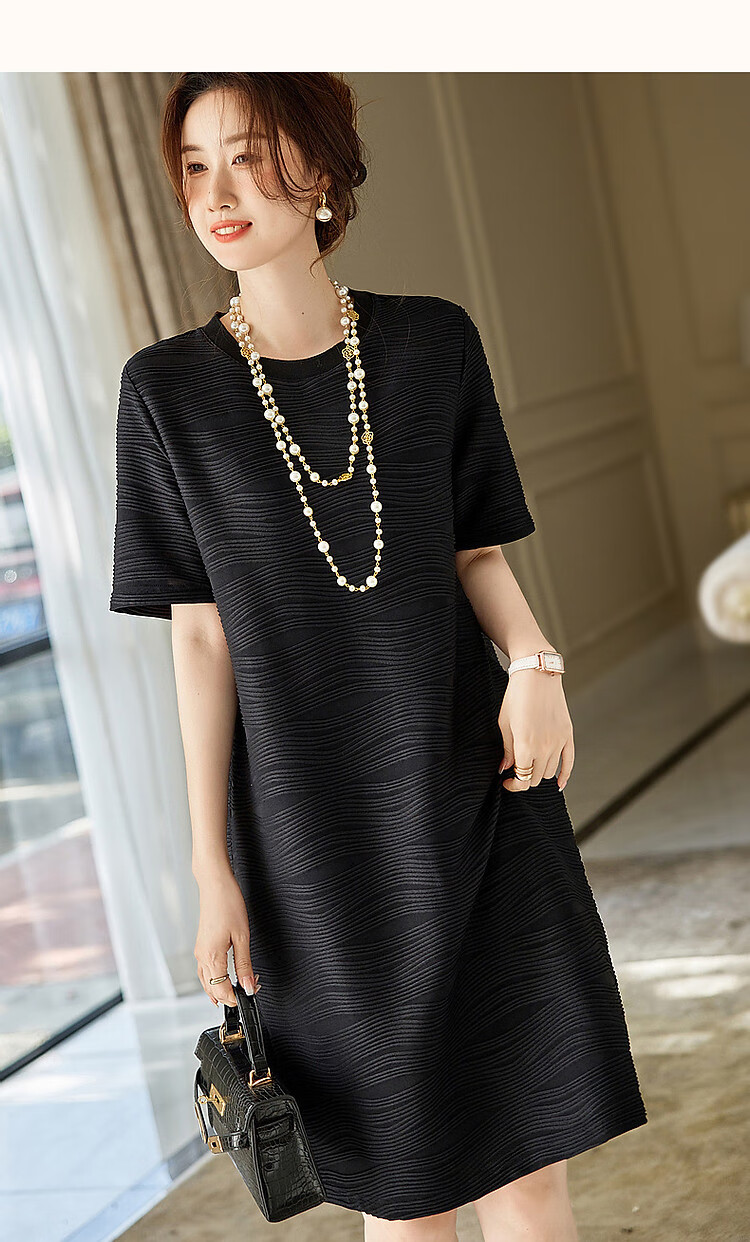 Dme [Simple And Elegant] Spring And Autumn Round Neck A-Line Textured Knit Slightly Stretchy Midi Dress for Wome 19