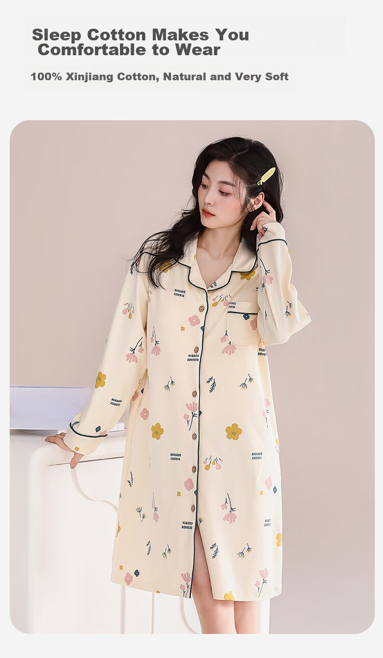 MiiOW [Anti-Mite Antibacterial Pure Cotton] Women's Nightgown with Chest Pads, Floral Print Cardigan, Plus Size Loungewear, Apricot Color, XL 12