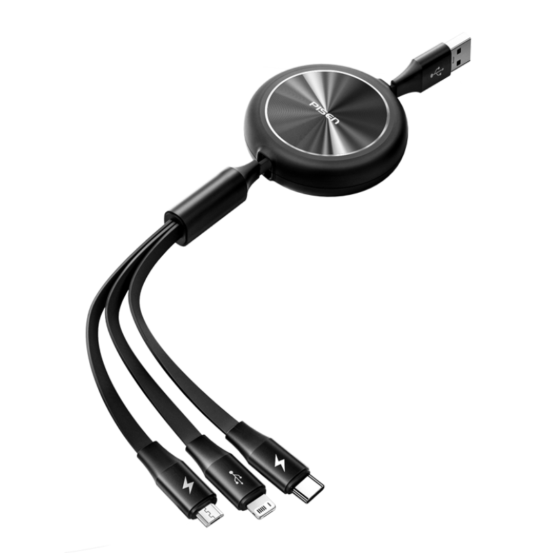 PISEN Three-In Retractable Charging Cable with Three-Head Fast Charger Compatible with Apple IPhone 18/17/16/14, Huawei, Android, Type-C Phones, Multi-Functional Car Charger Cable