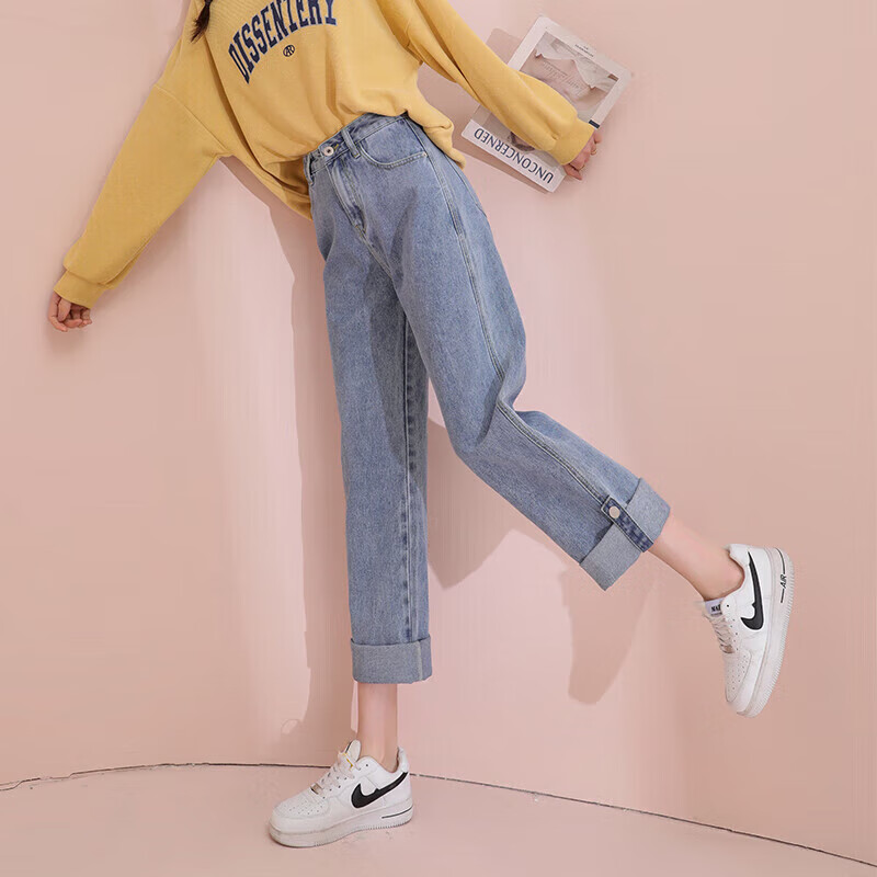 TonLion 2023 Loose Straight-Leg Jeans Wide-Leg High-Waist Versatile Casual Pants Light Denim Blue 26