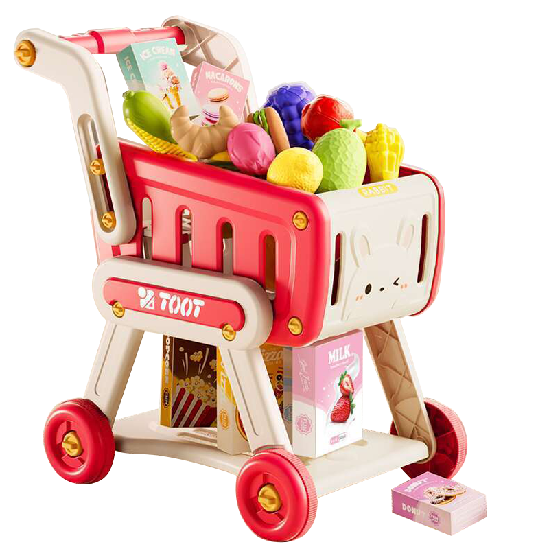 AoZhiJia Shopping Cart Toy, Girls' Pretend Play Kitchen Trolley, Fruit Cutting Set, 3-6 Years Old Birthday Gift, Red