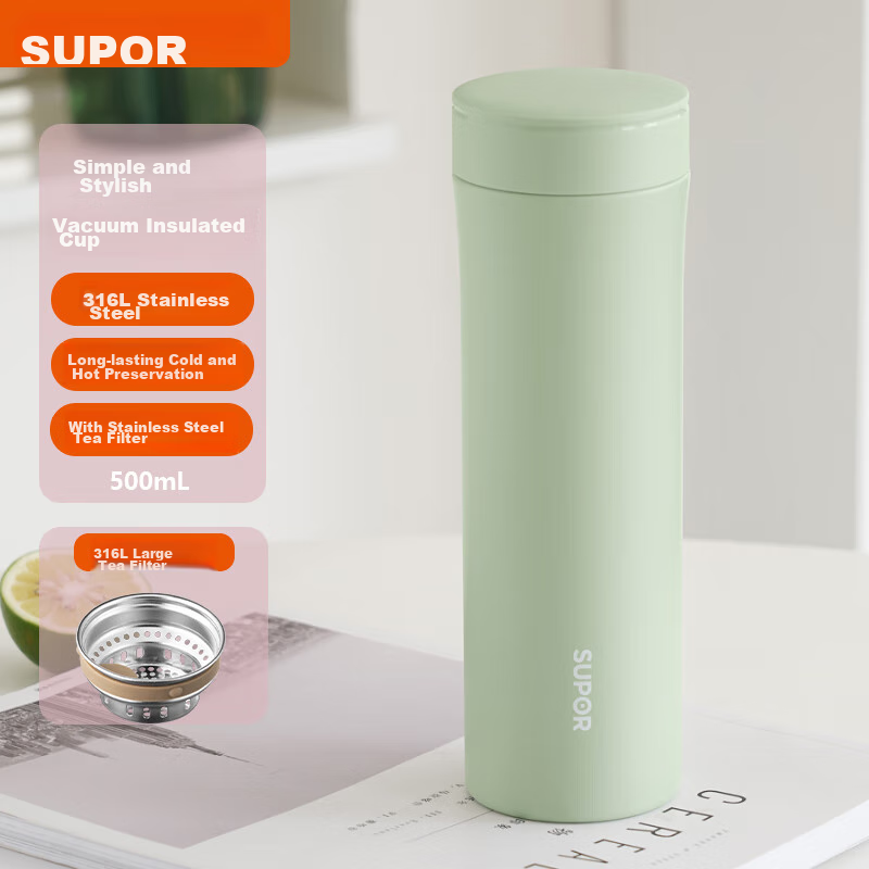 Supor Large Capacity Stainless Steel Insulated Water Bottle for Men, Women, Adults And Students, Portable, 500mL, Gray Bean Green, KC50GB10