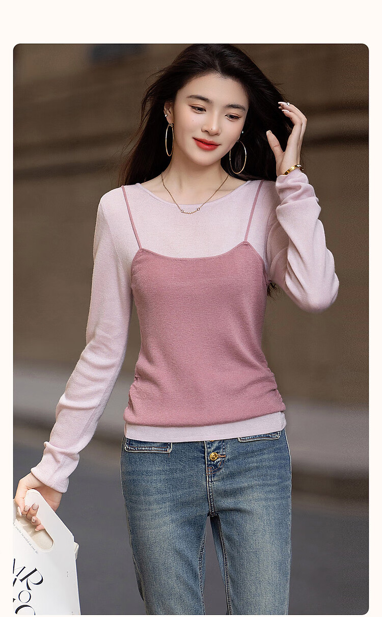 Dme [Raspberry Macaron] Spring And Autumn Girly Faux Two-Piece with Wool Sweater, Lightweight Knit Top for Young Wome 2