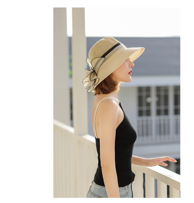 GLO-STORY Organza Women's Sun Protection Hat Lace Pearl Elegant Breathable Straw Top Fisherman Hat for Outings 10