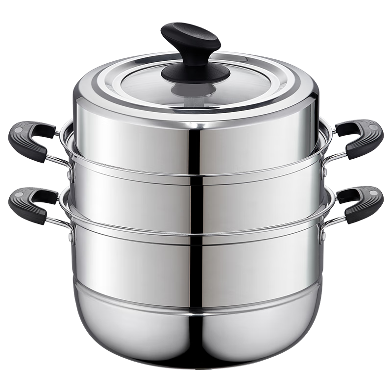 KEGOO Steamer Pot, Three-Layer Steamer, Thickened Stainless Steel, 28cm, Compatible with Gas Stove And Induction Cooker, Universal Soup Cooking Pot, KG103