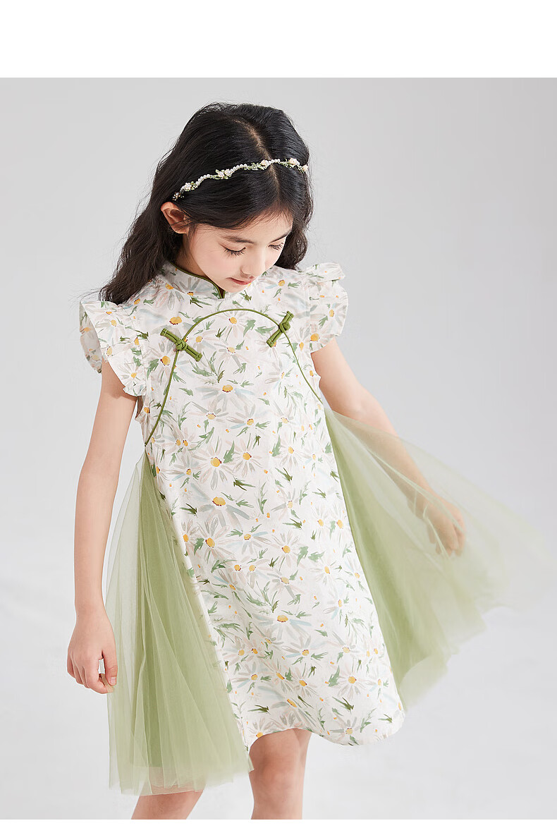 DEESHA Girls' 2025 Summer Printed Mesh Hanfu Qipao, Green Floral Print, Size 90 13