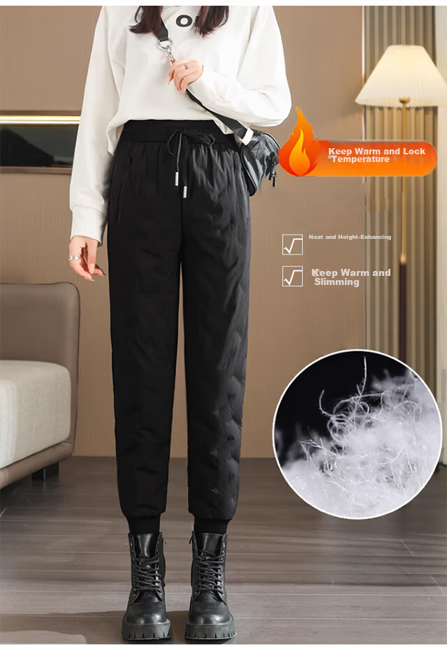 LangSha Women's Down Pants for Outdoor Wear, Winter Fleece-Lined White Duck down Trousers, Women's Tapered Leg Windproof Cotton Pants, Thickened Warm Pants, Black 12