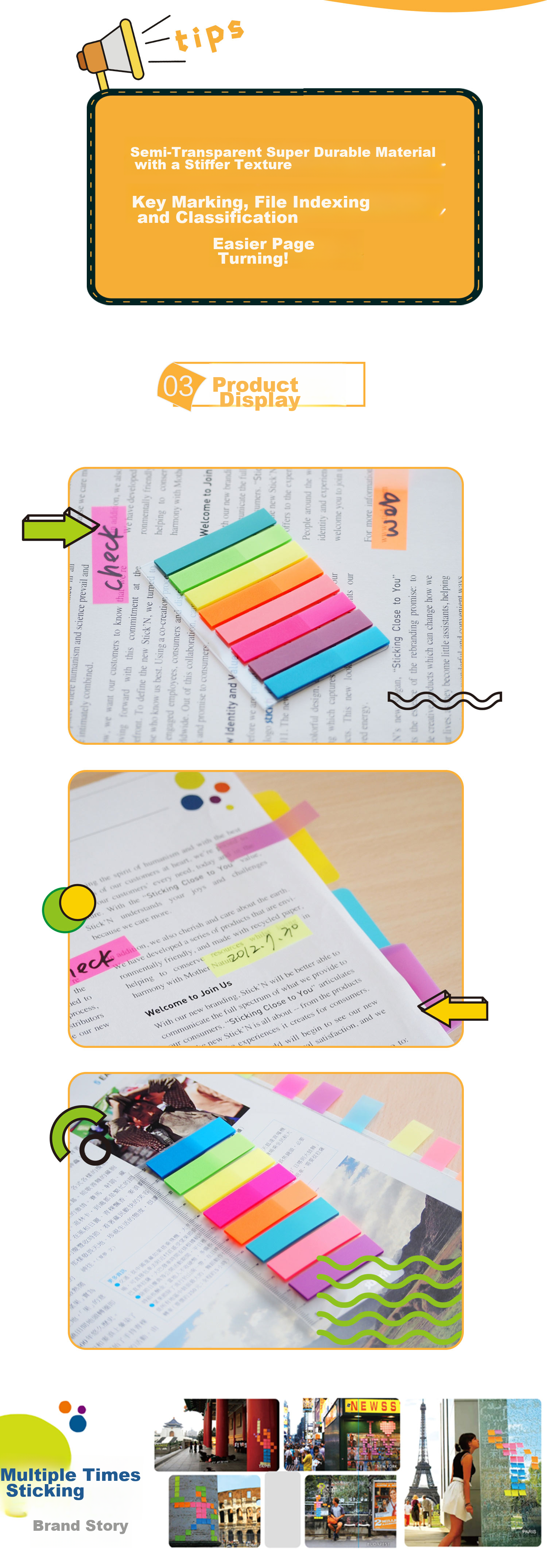 STICKN , 80 Sheets, 8 Colors Fluorescent Film Indicator Labels, 45*12mm, Classification Index Sticky Notes, Memo Pads, 34021 2