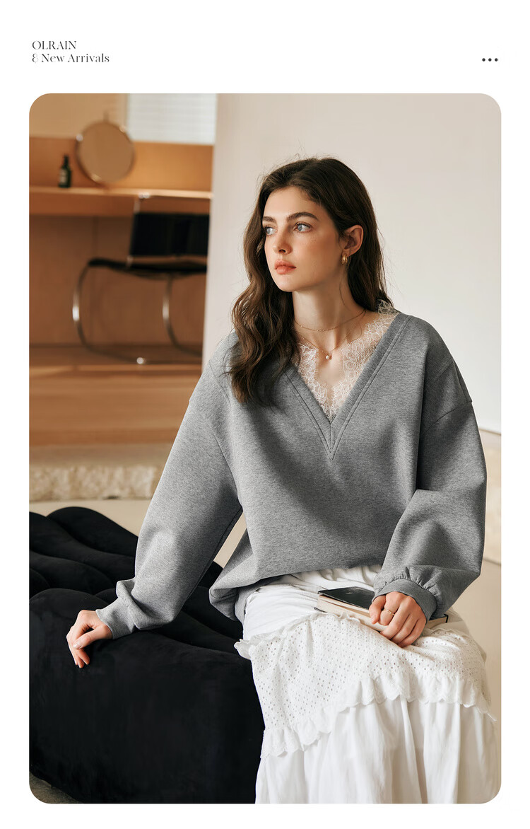 Oulain French V-Neck Sweatshirt for Women, Spring New Style Distinctive Lace Casual Pullover Top, High Gray, Size S 4