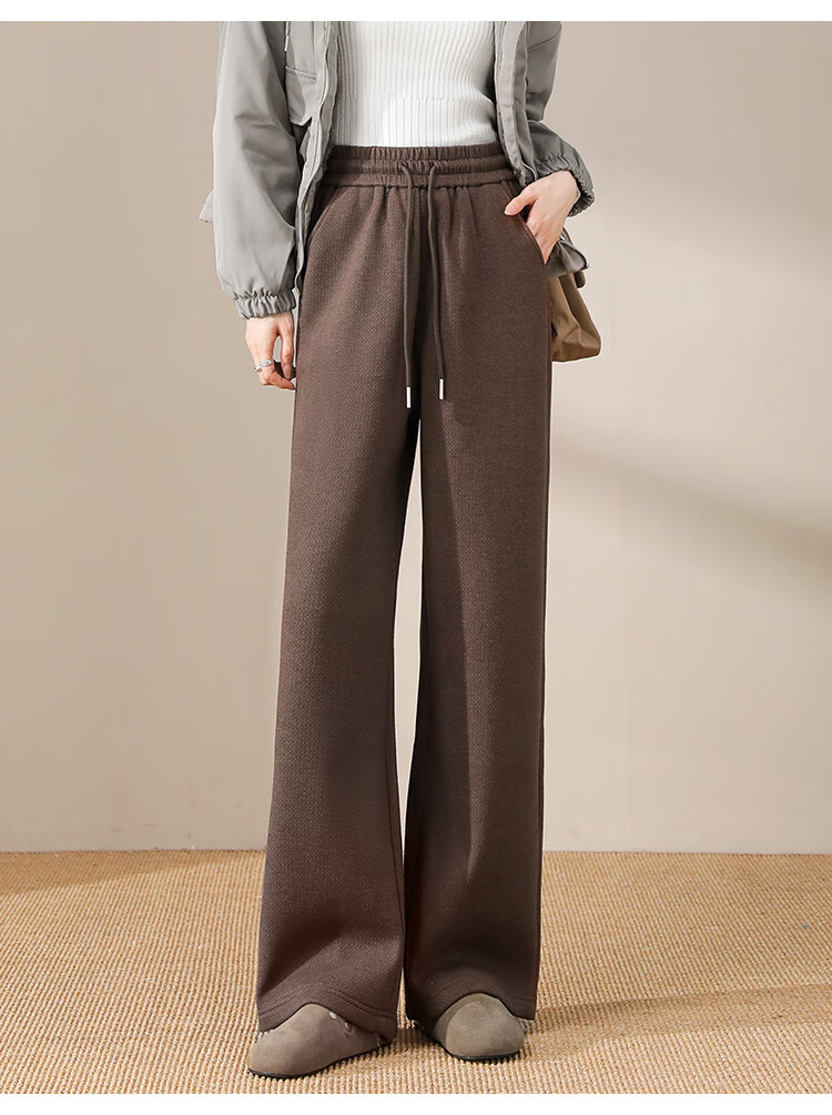 Dme Fleece-Lined Warm Maillard Style Autumn And Winter Simple Solid Color Versatile Straight-Leg Pants Women's Wide-Leg Trousers, Coffee Color, L 15
