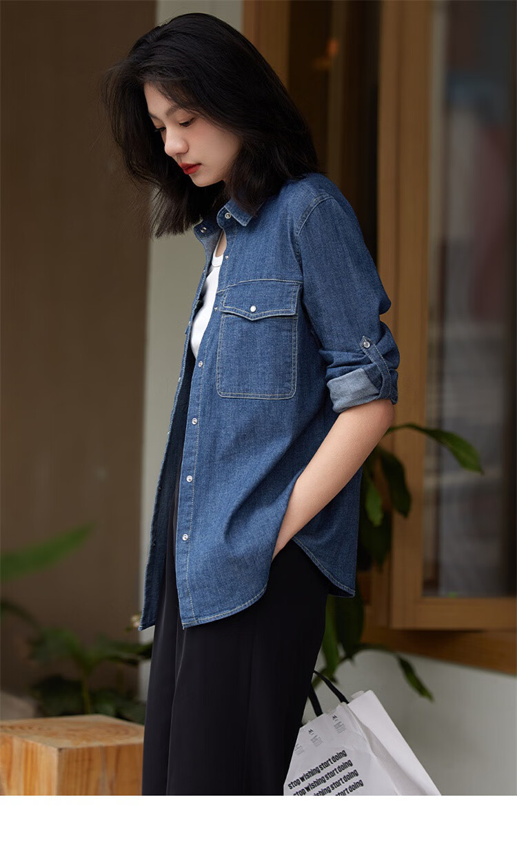 Dme Vintage Washed Color Spring And Autumn Women's Fashion High-End Denim Shirt Layered Base Top Blouse 12