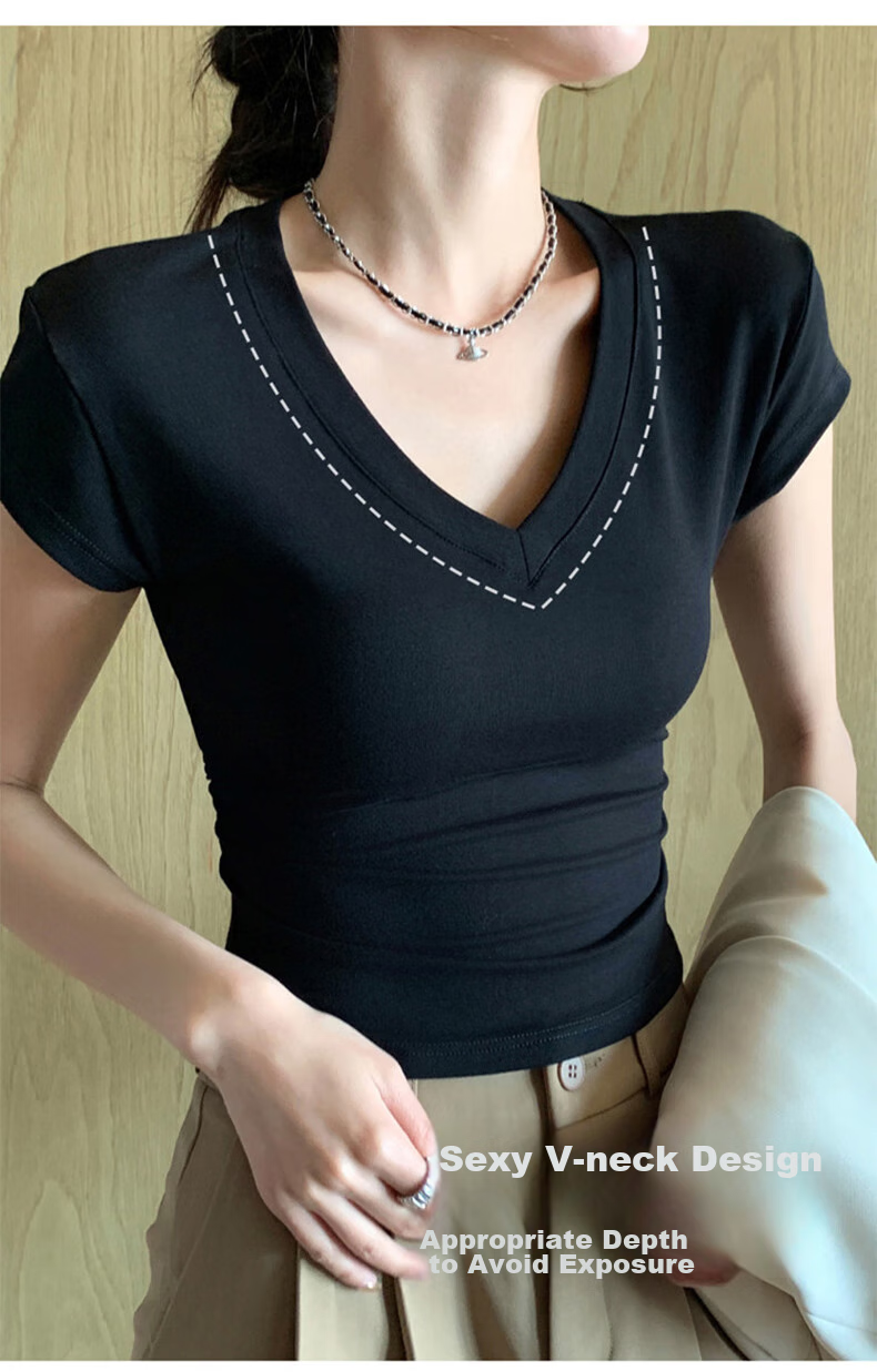 XUEXIMAN Women's Summer T-Shirt, Stylish And Simple Design, Slim Fit with Waist-Cinching V-Neck, Wrinkled High Cotton Short Sleeves for Wome 7