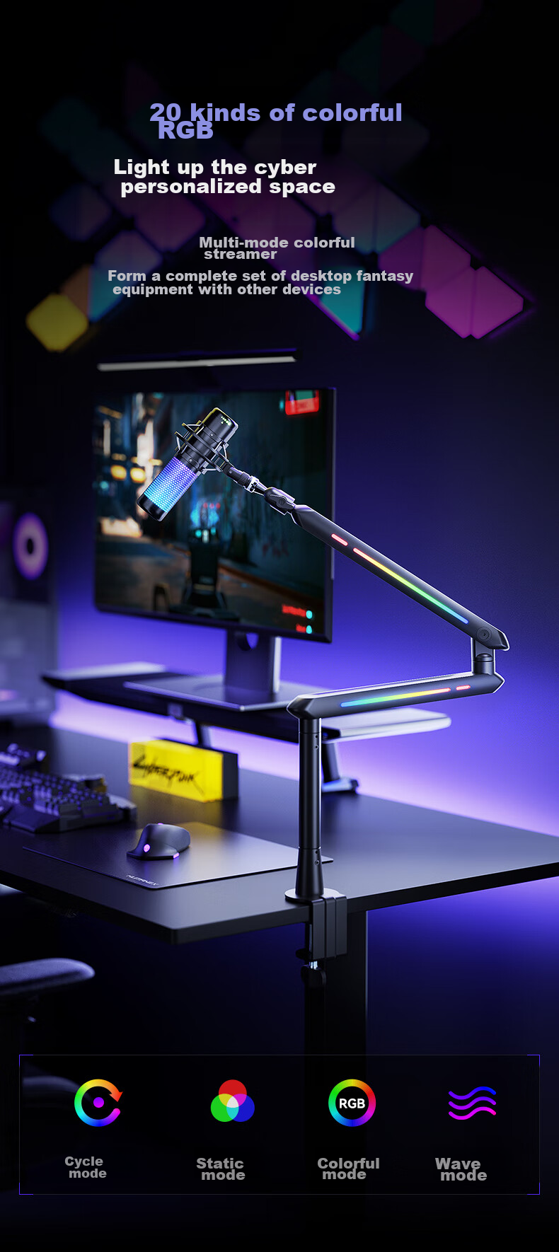 HUMANEX Light-Sensitive Microphone Stand, Suspended Arm Desktop Stand, Live Streaming Speaker, 3KG Load Capacity, Three-Section Foldable Atmosphere RGB Universal Stand, Elegant White 2