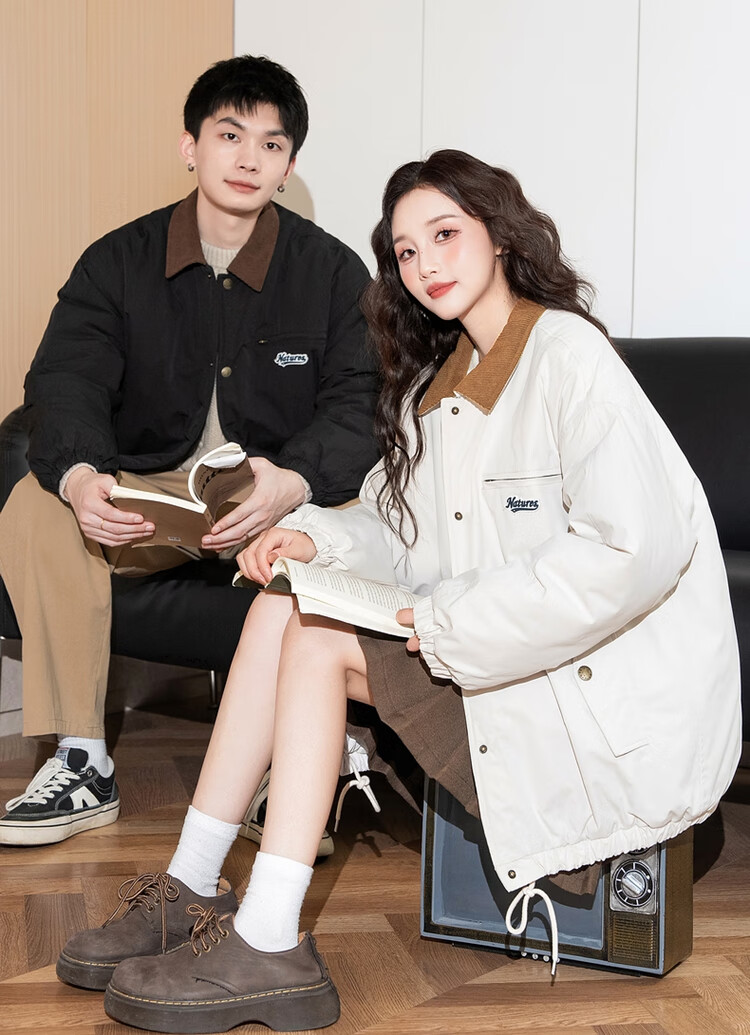 TonLion 2024 Couple's Cotton Coat, Lapel Corduroy Contrasting Color Men's And Women's Cotton Jacket, Men's Style/black, M 1