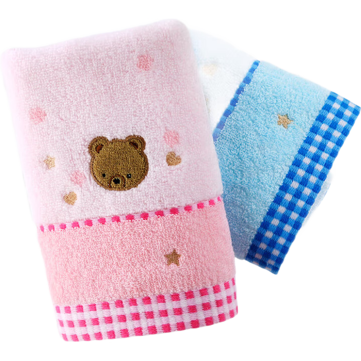 KING SHORE Pure Cotton Unbleached Absorbent Square Towel, Bear Cartoon Sports Design, Blue/pink, 2-Pack, 35*34cm, 44g/piece
