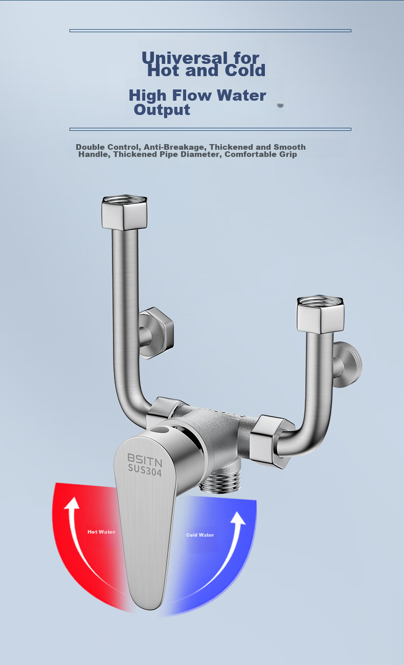 BSITN Electric Water Heater Mixing Valve, 304 Stainless Steel Shower Switch, Hot And Cold U-Shaped Valve, Surface-Mounted Shower Faucet Accessories, B039 10