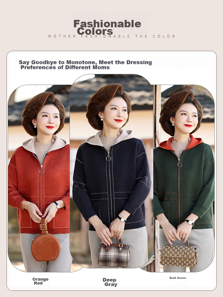 Hengyuanxiang Middle-Aged Women's Autumn Fashion Short Knitted Jacket, Elegant Hooded Cardigan for Middle-Aged And Elderly Women, Spring And Autumn Outerwear 4