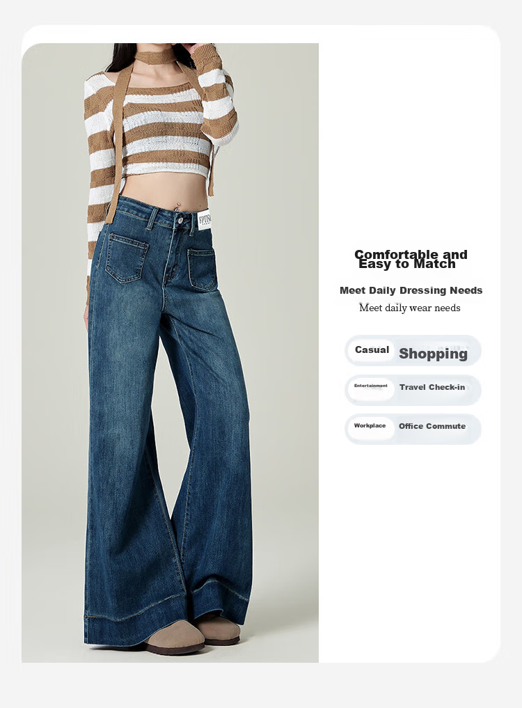Yipintiancheng Retro Washed Denim Jeans for Women, Versatile Slimming Wide-Leg Pants for Fall 2025, Loose-Fitting Floor-Length Trousers 3