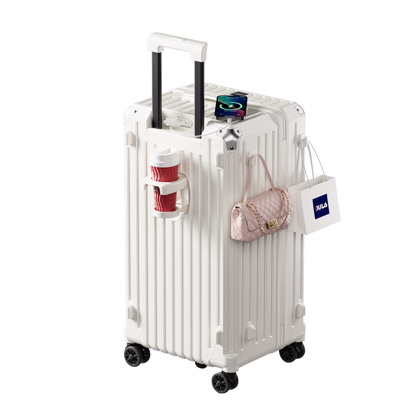 DULA Five-Wheel Large Capacity Suitcase with Cup Holder, Travel Luggage with Charging Port, Password Lock, Leather Case, Bright Moon White, 26 Inches