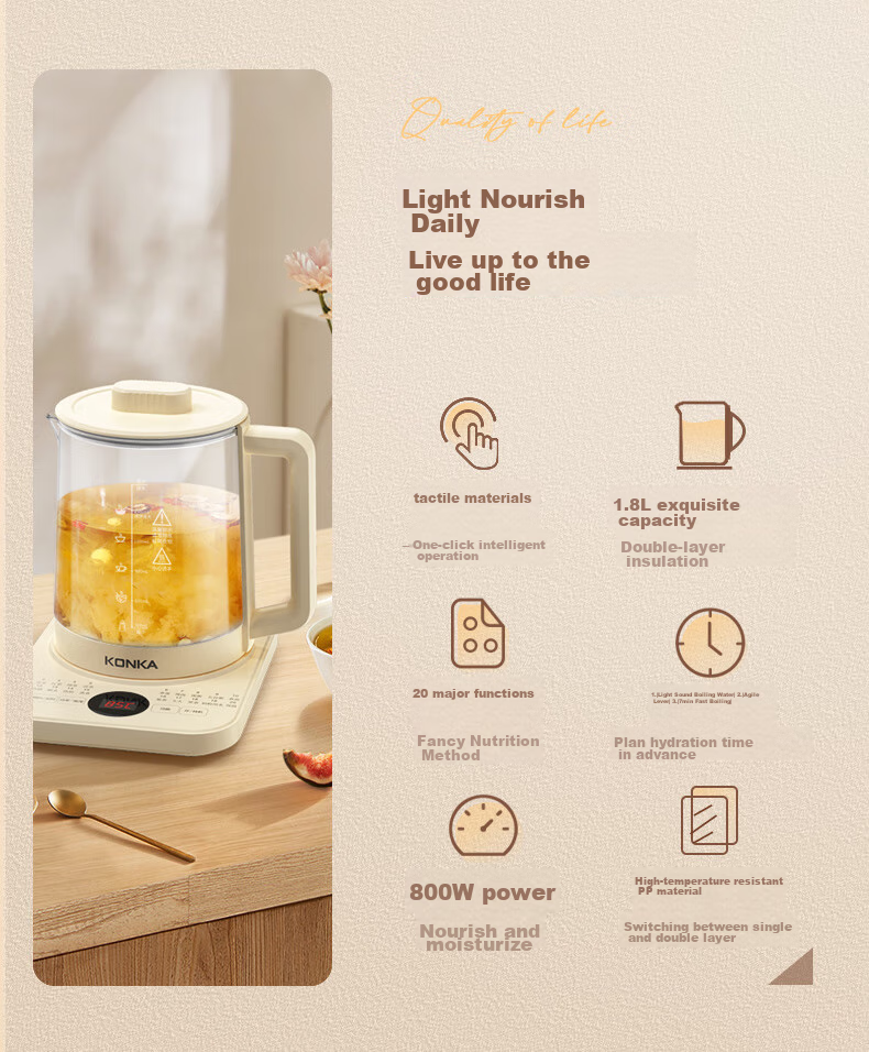 KONKA Health Pot, Tea Maker, Decoction Pot, Glass Insulated Water Kettle, Electric Water Kettle, Mini Glass Tea Pot, 1.8L with Filter, KYSH-1837E 2