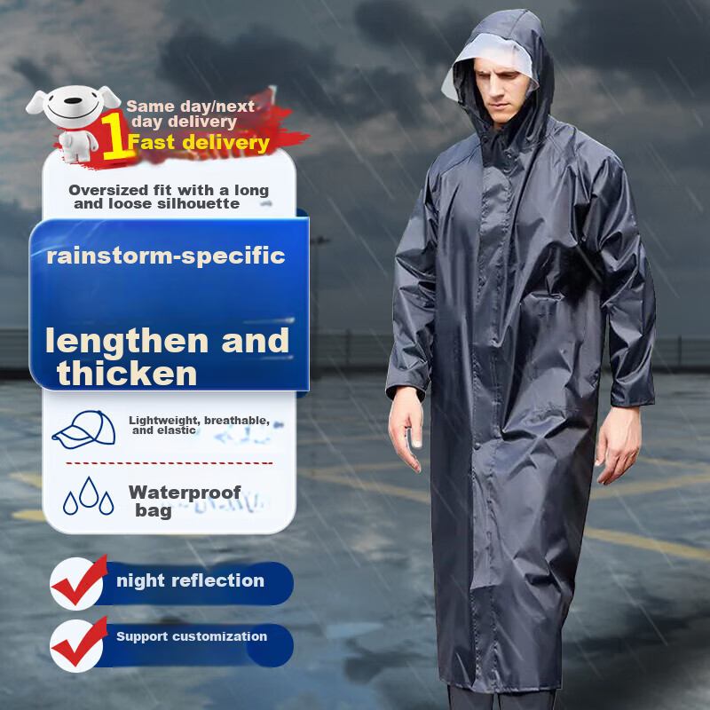 Zhugu Long Raincoat, Trench Coat Style Rain Poncho for Security, Construction Site Fishing Adults Full-Body Raincoat, Heavy-Duty Navy Blue Extended [Hidden Button Style] XL (165-175)