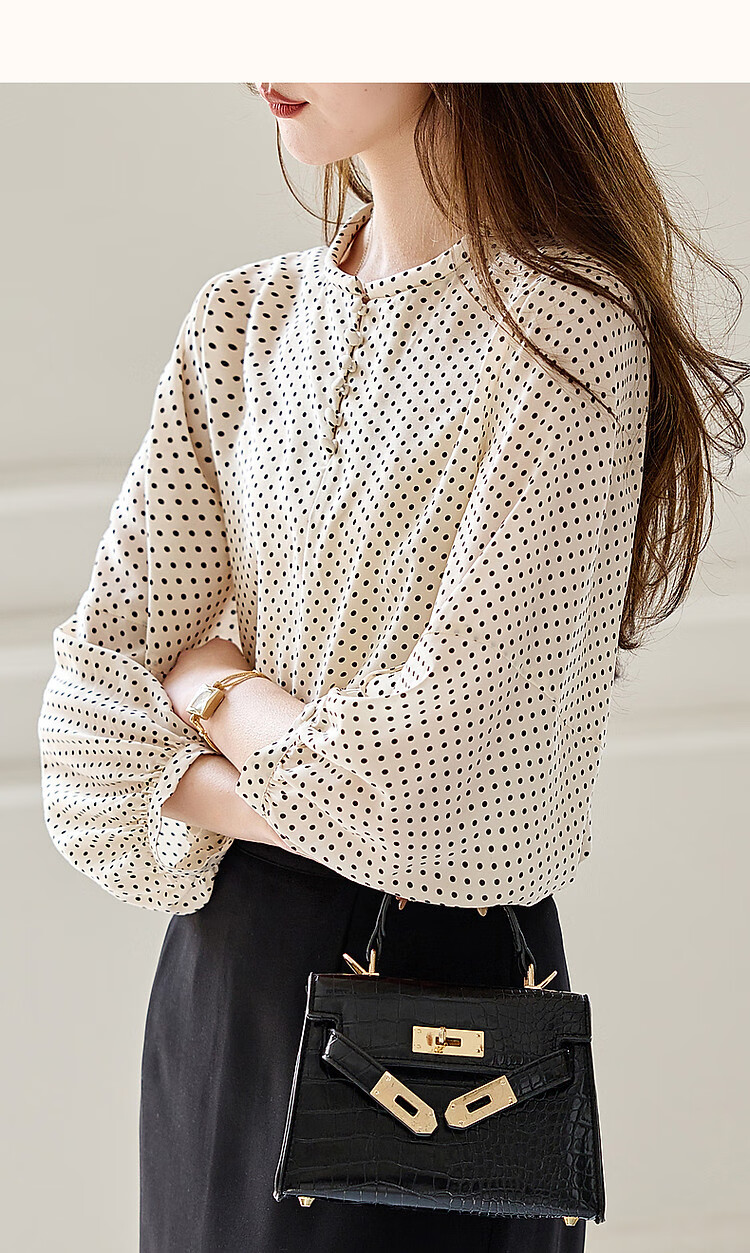 Dme [Shanmawei Yun] Spring And Autumn French Vintage Polka Dot Shirt, Comfortable Double Pleated Concealing Lantern Sleeve Blouse, Women's Clothing 16