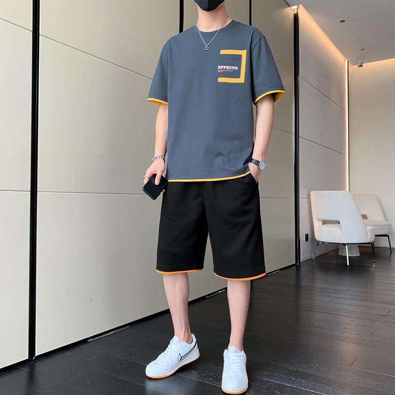 Dingfengbaoluo Men's Summer Set: Short-Sleeve T-Shirt And Shorts, Pure Cotton Lightweight Casual Sportswear KPR03 Iron Gray M
