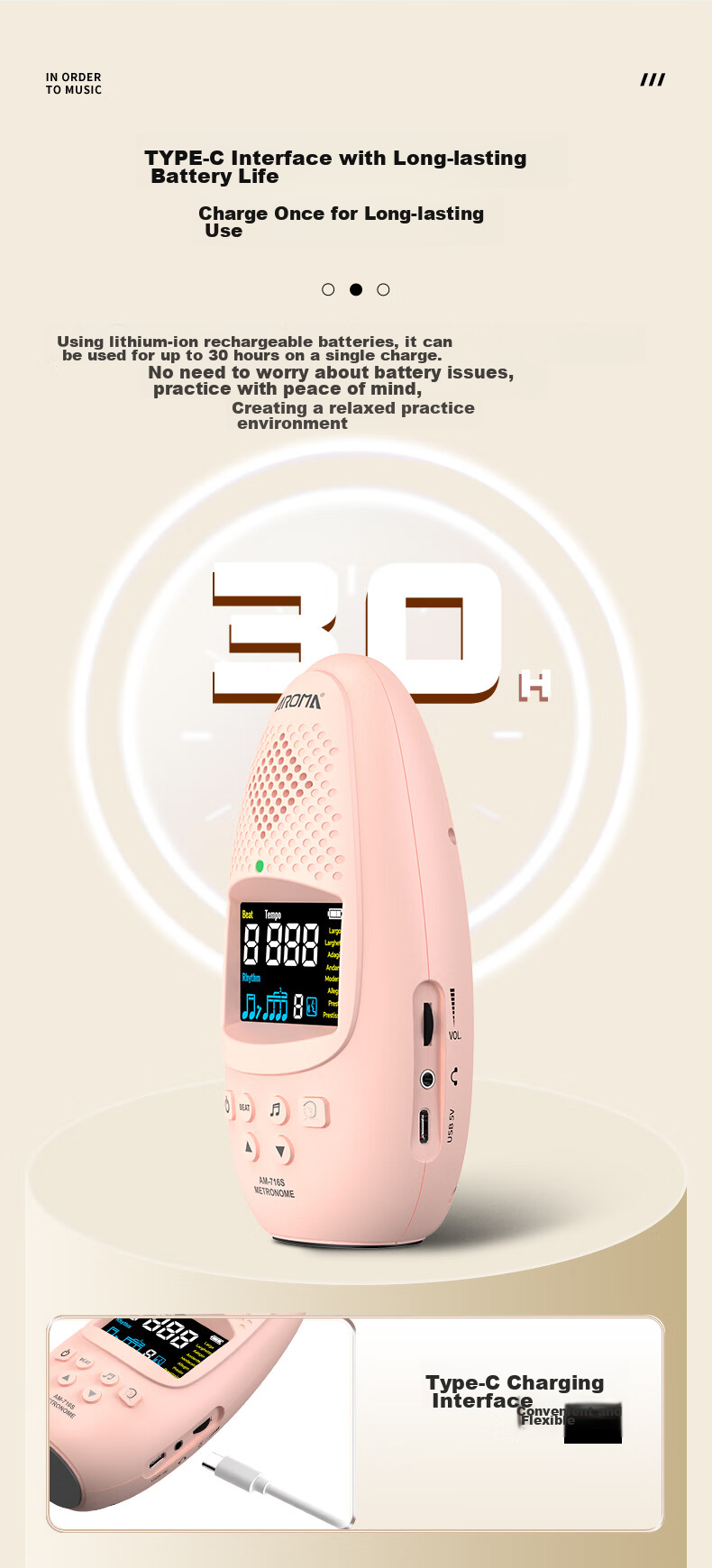 AROMA Voice Electronic Metronome, Universal for Piano And Guitar, Magic Egg AM-716S, Pink, Rechargeable, Color Screen Versio 5