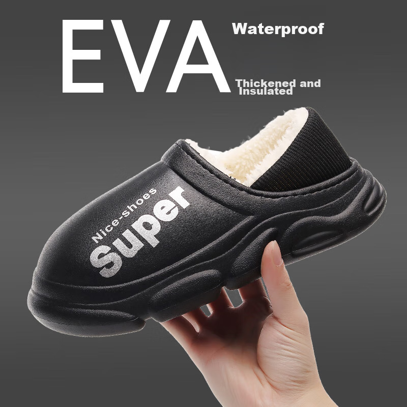 GUOLUOFEI Thick Cotton Slippers for Men And Women, Autumn Outdoor Wear, Waterproof Non-Slip Fleece-Lined Indoor Home Heel-Covering Cotton Shoes, Black Size 40-41