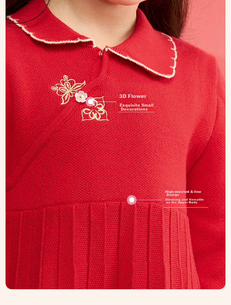 BALABALA Girls' New Chinese-Style Knitted Dress, Spring 2025 Collection, Red Pleated Princess Greeting Dress, 208125111001 6