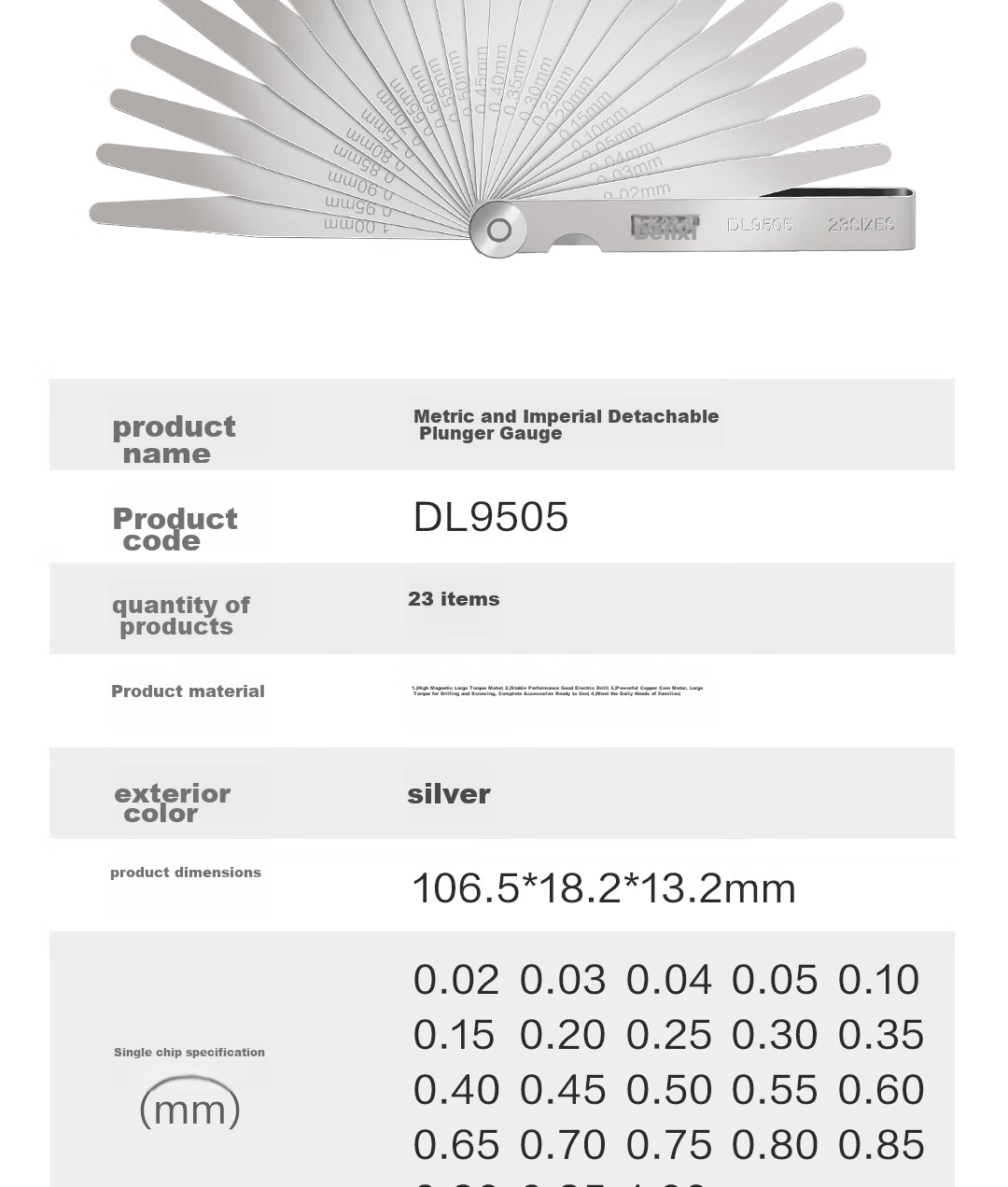 Deli 32-Piece Feeler Gauge Set, Stainless Steel Gap Gauge, Thickness Gauge, Single Blade Thickness Gauge, Thickness Measuring Tool, Feeler Blade 0.02-1mm 10