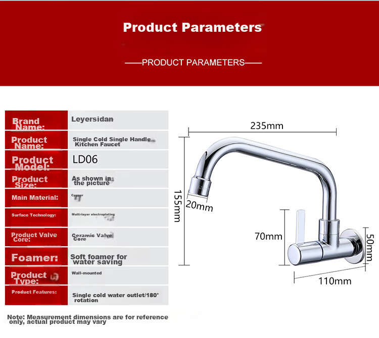 Larsd Wall-Mounted Faucet, Kitchen Faucet with Copper Body, Single Cold Water Tap for Sink And Laundry Basin, Quick-Open Faucet LD06 10