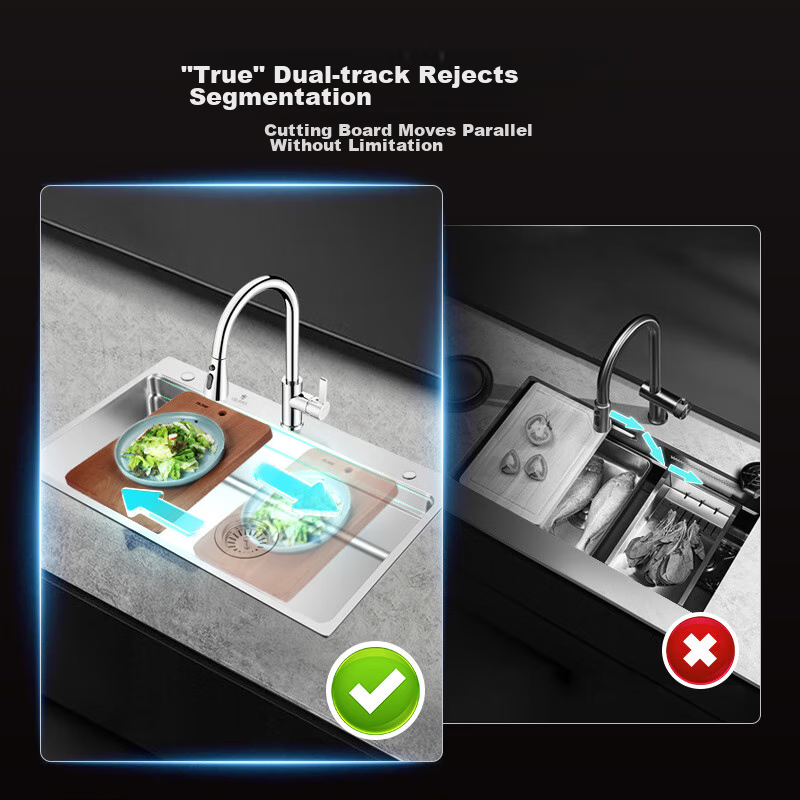 OULIN Kitchen Sink, Large Single Basin Vegetable Washing Sink, Integrated Basin, 304 Stainless Steel Dishwashing Sink, Pull-Out Faucet 9116