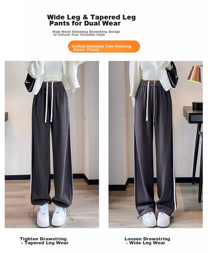 LangSha Women's Leggings with Two-Way Wear, Straight-Leg Three-Stripe Cotton Pants, Autumn Outer Wear, Sports Pants with Elastic Cuffs, Loose High-Waist Drawstring Sweatpants 13